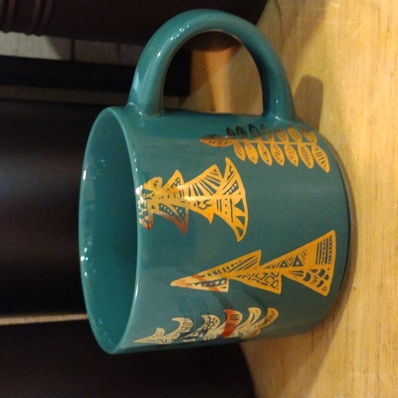 STARBUCKS Coffee 14 Oz Mug Green Christmas Pine Tree Cup Green Gold Holiday EUC - Picture 2 of 3